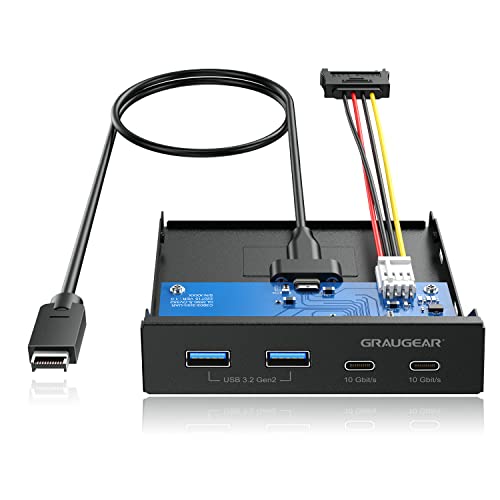 GRAUGEAR Frontpanel 4 Ports HUB Tous avec 10Gbit/s, 2X USB-C+2X USB-A HUB USB3.2 Gen2, Frontpanel pour Baie PC 3,5 Pouces, USB3.2 Gen2 Key A 20-pin Header,...