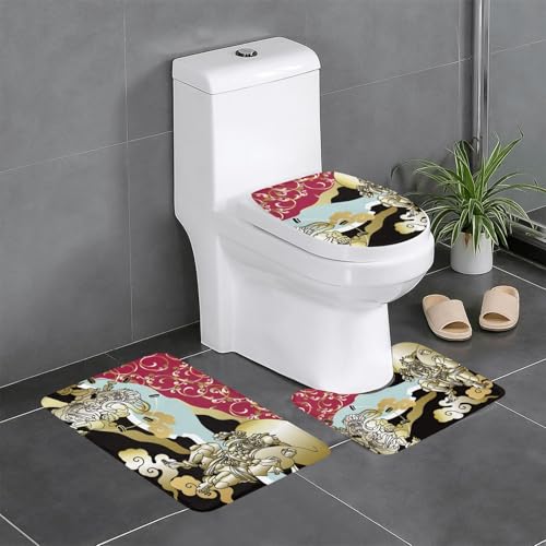 風神と雷神 浮世絵 和風 (1) トイレマット 3点セット フタカバー 浴室足ふきマット 吸水 速乾 滑り止め 抗菌 防臭 洗える ふわふわ プレゼント 40x60cm