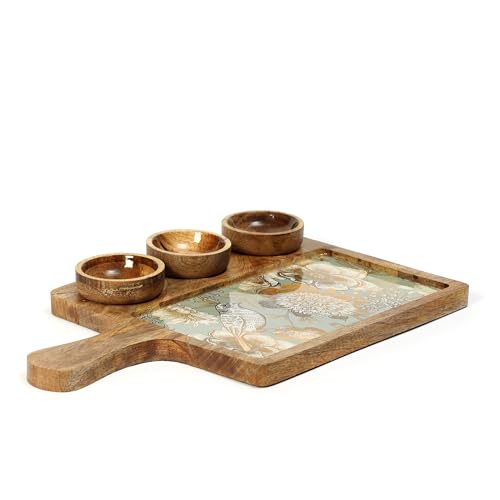 Image of Handcrafted Mango Wood Serving Platter with 3 Dip Bowls | Traditional Jamawar Kashmiri Print | Waterproof, Heat-Resistant, Food-Safe Lacquer Finish | 15.5 x 10 Inch | Made in India (3Katori: GreyBird)