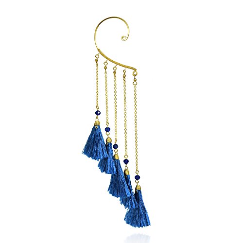 Aeravida Trendy Multi Blue Tassel Brass Chain Statement One Ear Cuff Earring | Unique Bohemian Earrings For Women Statement Earrings | Coachella Inspired Accessory #TOP25