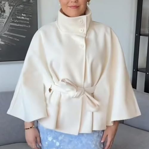 Womens Batwing Sleeve Poncho Pea Coats Elegant Stand Collar Capes Jacket Cloak Belted Fall Trendy Casual Outerwear3