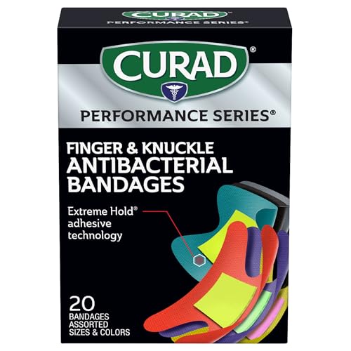 CURAD Performance Series Antibacterial Bandages, Extreme Hold Adhesive Technology, Finger & Knuckle Bandages, Flexible Fabric, Variety Pack with Assorted Sizes & Colors, 20 Count
