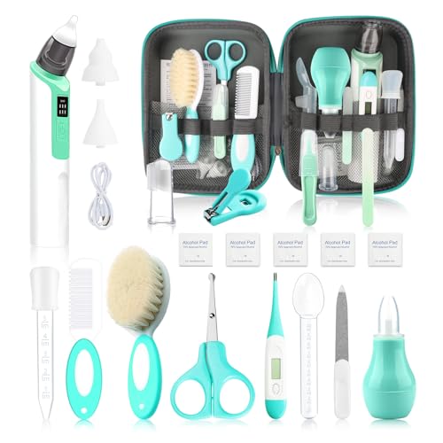 Image of Baby Grooming Kit, Infant Safety Care Set with Baby Electric Nose Aspirator，Baby Hair Brush Comb Nail Clipper Nasal Aspirator,Baby Essentials Kit for Newborn Girls Boys (21 Pc Green Kit)