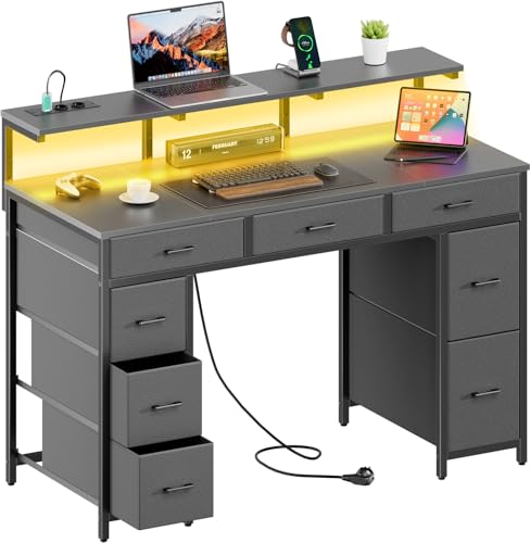 HLONONE Schreibtisch mit 8 Schubladen, Computertisch mit 2 Steckdosen und 2 USB Ladeanschluss, Bürotisch mit LED und Monitorständer, PC Tisch für Büro, Wohnzimmer, 120 x 50 x 74 cm, Grau