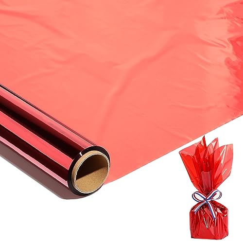 100 Ft x 17 in Red Cellophane Wrap Roll Valentine Day - Red Transparent Cellophane Roll for Gift Basket Wrap - Plastic Wrap for Christmas Light Decorations Treats Graduation Gift Wrapping.
