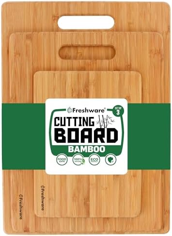 Freshware Bamboo Cutting Board Set of 3, Wooden Cutting Boards for Kitchen, Knife Friendly Food Grade Chopping Board, Lightweight with Hanging Hole for Easy Storage