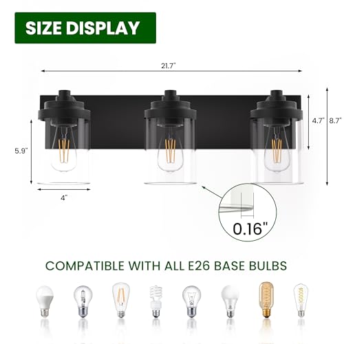 Image of Bathroom Vanity Light, 3-Light Modern Black Vanity Light Fixtures with Clear Glass Shade, 22in Matte Black Bathroom Light Fixtures Over Mirror, Rustic Restroom Lighting Fixtures