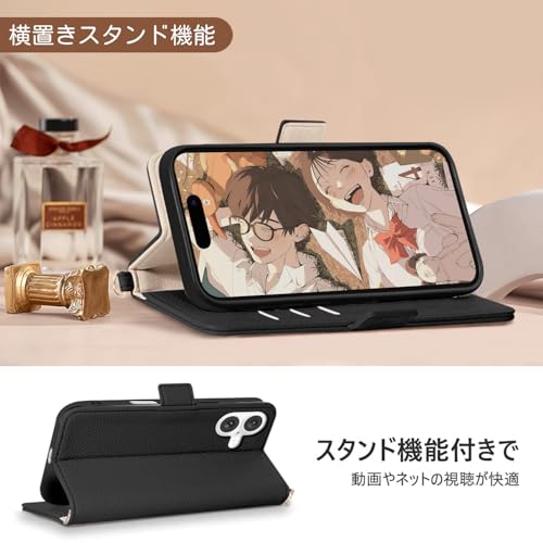 CASSYOOK いphone16 ケース 手帳型 スマホケース iphone 16 ケース 手帳型 ショルダー アイフォン16 ケース 手帳型 おしゃれ 携帯ケースあいほん16 マグネット式 スマホカバー iphone 16 手帳型ケース アイホン16ケース手帳型 女性 付属クロスボディチェーン レザーケース カード収納 スタンド機能(ブラック)