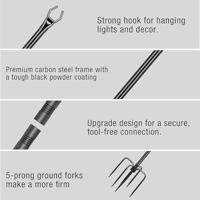 String Light Poles 4 Pack,10FT Metal String Light Poles for Outside, Adjustable Outdoor Poles for Patio, Deck, Garden, Wedding, Backyard, Christmas Party Decor, Sturdy with Hooks