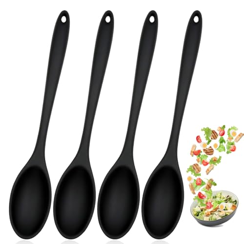 BORISCA 4 Pezzi Cucchiaio Silicone Cucina, Nero Cucchiaio Antiaderente, 27.5 * 5.5CM Cucchiai per Mescolare, Anti-Calore Mestolo Silicone Cucina Grande per Cucinare, Cuocere, Mescolare e Servire