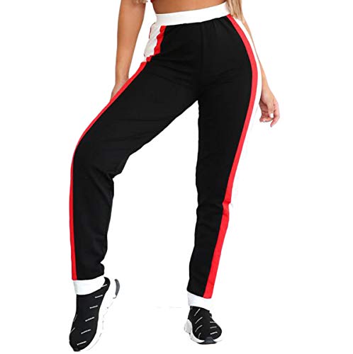 itifu Women Athletic Stretchy Color Block High Waist Track Pant Hip Hop Jogger Bottom (M) Black