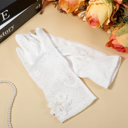 1 Pairs White Lace Gloves for Wedding Tea Party, Women Short Fingerless Floral Gloves for Tea Party Wedding Prom Halloween4