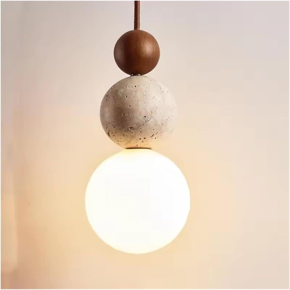 LYOUAE Nordic Spherical Yellow Travertine Pendant Light Natural Cave Stone Wood Hanging Light G9 LED Hanging Ceiling Light with Glass Shade(Walnut Color)