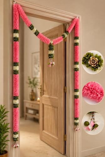 Image of Divyakosh Thorana Set (with Side Hanging), Toran for Main Door Entrance, Fabric, Handmade, Pink & White Floral Banderwal, Big Size, Width 3.5 FT & Height 4 FT