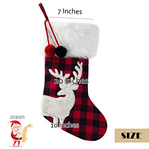 EDLDECCO 20 Inches Christmas Stocking Buffalo Check with Pom Pom Faux Fur Cuff Deer Applique Red and Black Plaid Home Xmas Tree Mantel Holiday Decoration Ornaments