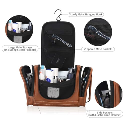 Image of MIRASON Travel Toiletry Bag, Hanging Toiletry Bag for Men, Leather Travel Shower Bag for Toiletries Dopp Kit Bathroom Bag with Metal Hook, Gift for Men (Brown)