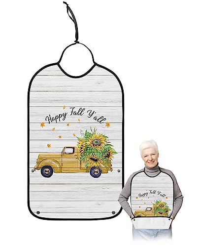 Sunflower Truck Adult Bibs for Eating, Waterproof Bibs with Food Catcher & Adjustable Snap Closure, Yellow Fall Floral Maple Leaf Rustic Washable Clothing Protectors Adult Bibs for Elderly Women/Men