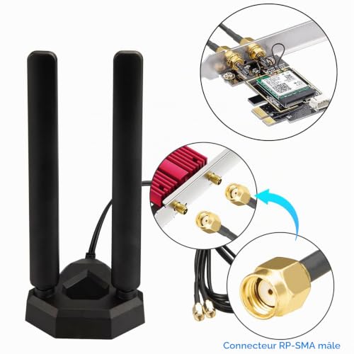Boobrie Antenne WiFi 6E/WiFi 7 Antenne Tri-Bande avec Base Magnétique 2,4 GHz/5 GHz/6 Ghz/7 GHz Câble RP-SMA pour PC Ordinateur de Bureau Routeur PCI PCIe Caméra de Sécurité Wi-FI Bluetooth Amélioré – vue 3