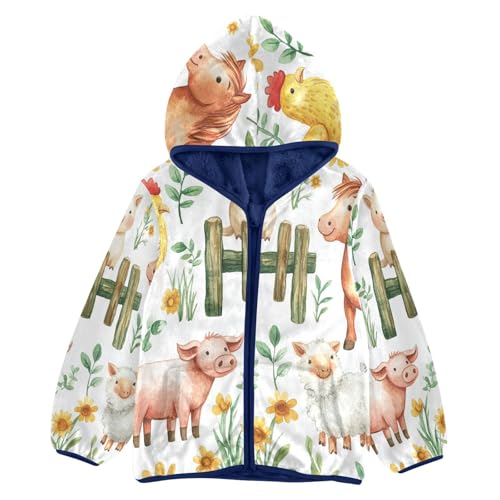 Farm Animals on Fence Toddler Fleece Jacket Girl Boys Hooded Fleece Jacket Coat Warm Outwear Zip-up 3-10T