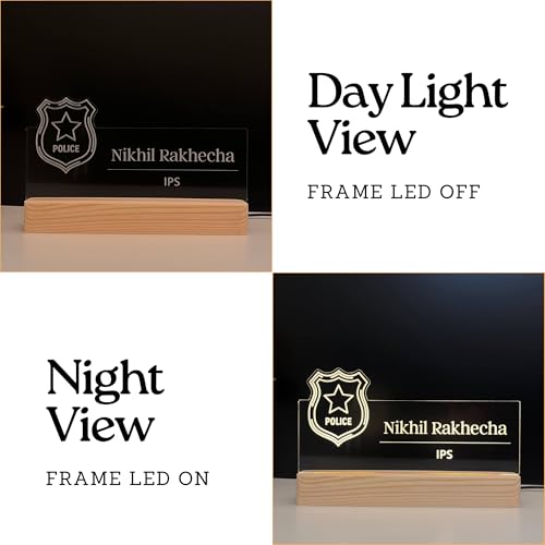 Image of Personalized Acrylic Desk Name Lamp for Police Officers | Custom LED Light with Name, Designation & Badge Logo | Inspector, DSP, SP, DCP, SSP, IPS Officer Gift | Best Police Service Gift (10 x 6 inch) (For Police Officer)