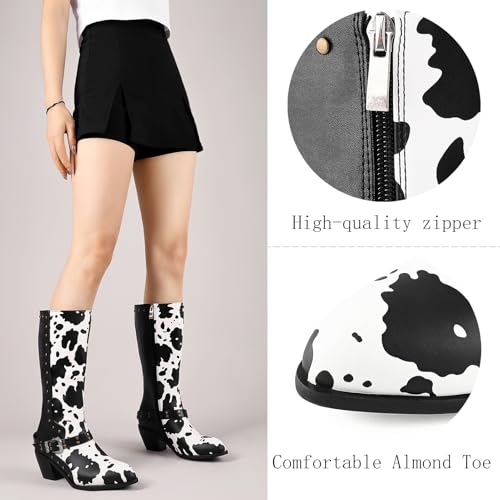 Cozivwaiy Cow Print Boots Women Studded Mid Calf Buckle Biker Boots Chunky Heel Zipper2