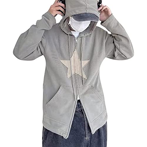 Yokbeer Veste a Capuche Zippée Y2K pour Femmes a Manches Longues Sweat a Capuche Vintage Sweat Oversize Streetwear Star Print E-Girl Pullover Hoodie (Color : Gray, Size : S) Cover
