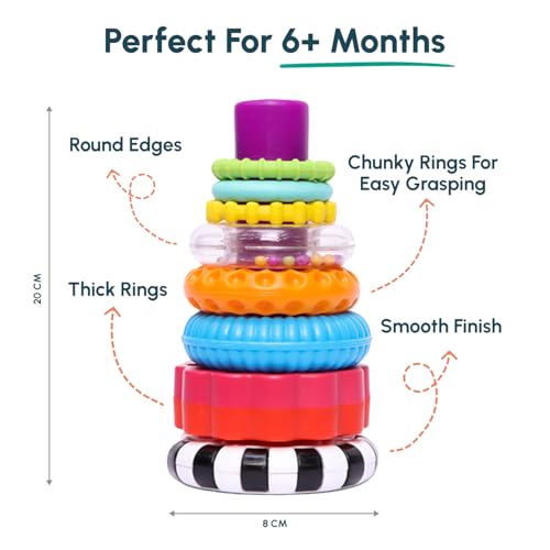 Image of Curious Cub Ring Stacker Baby Toy for 6+ Month Old Baby with Different Sensory Rings & Rattle | Stacking Montessori Learning Toy for Early Brain Development for Kids & Infants