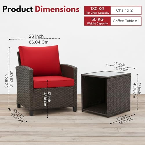 Image of DEVOKO Outdoor Wicker 3-Piece Patio Furniture Set with All-Weather Cushions & Rust Resistant Metal Frame UV-Resistant Furniture Design Perfect for Garden Balcony(Dark Brown & Red)