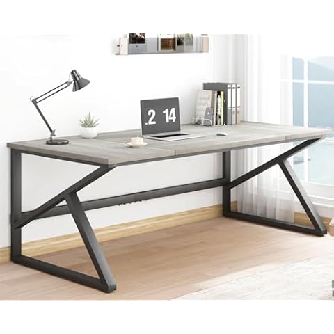 IBF 70 Inch Large Home Office Desk, Industrial Long Executive Work Writing Study Desk Computer Table, Farmhouse Big Metal Wood Double Desk for Bedroom Living Room, Rustic Dual Monitor Desk, Light Grey Cover