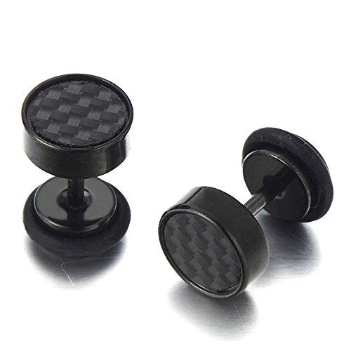 Mens Stud Earrings Stainless Steel Illusion Tunnel Plug Screw Back with Carbon Fiber, 2pcs