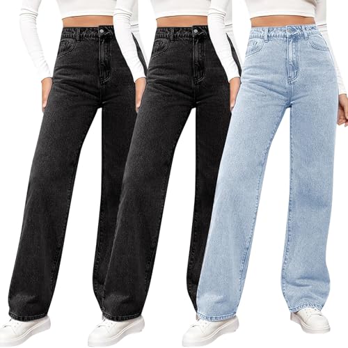 Jean taille haute coupe droite lot de 3 pour femme en denim extensible confortable