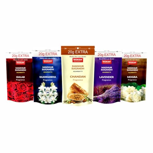 Image of Moksh Madhur Sugandh Agarbatti Combo Pack of 9 - Chandan (1), Gulab (2), Lavender (2), Mogra (2) & Rajnigandha (2) - Made with Charcoal Powder, Sawdust, Bamboo & Perfume - for Puja & Meditation