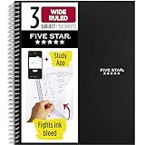 Five Star Spiral Notebook + Study App, 3 Subject, Wide Ruled Paper, 8' x 10-1/2', 150 Sheets, Black (73094)