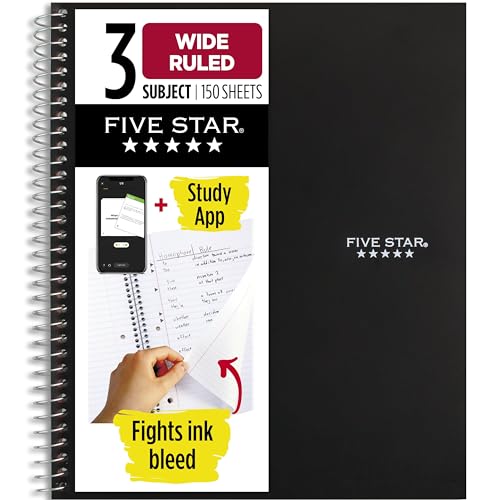 Five Star Spiral Notebook + Study App, 3 Subject, Wide Ruled Paper, 8" x 10-1/2", 150 Sheets, Black (73094)