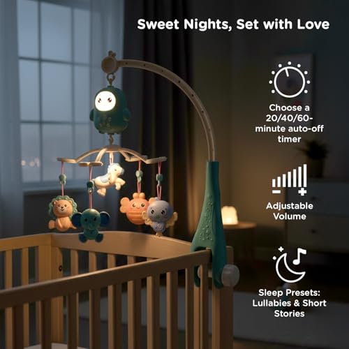 Image of Mee Mee Glow Safari Cot Mobile with Music, Night Projector and Built-in Stories, Remote Control, Detachable Rattles, 360 Rotation, Timer 20 /40 /60 min, Adjustable Volume, BPA-Free, Battery Operated
