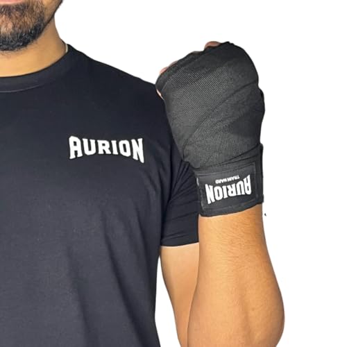 Image of Aurion 4.5 Meter Boxing Hand Wraps (180 Inch) | Professional Elastic Polyester-Cotton Handwrap for Boxing, MMA, Muay Thai & Heavy Bag | Durable Wrist & Knuckle Protection | Black (Pair)