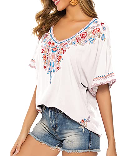 Higustar Bohemian Embroidered Tops For Women Mexican Style Shirts Boho Summer White Short Sleeve Peasant Tunics Blouses #TOP1