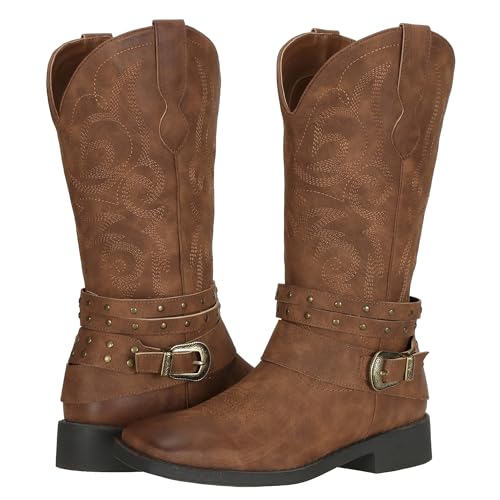 SheSole Women's Cowgirl Boots with Buckles Wide Mid Calf Western Cowboy Boots Square Toe3