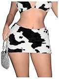 Floerns Women's Low Waist Mini Skirt Cow Print Fuzzy Going Out Bodycon Skirts Black and White Large