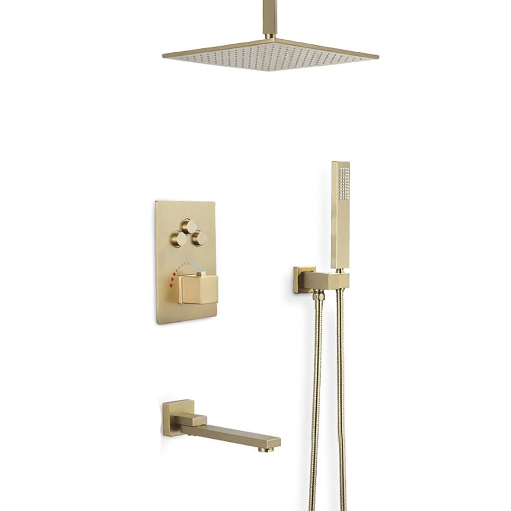 Set Doccia Sistemi, Ottone Oro Spazzolato Nascosto Termostatico Soffitto Montaggio A Soffitto Bagno Doccia Rubinetto Set Con 10-12 "Piazza Pioggia Soffione Doccia E Vasca Palmare T,