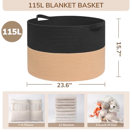 Image of INDRESSME 115L Extra Large Cotton Rope Blanket Basket for Nursery, Boho Decor Baby Laundry Baskets for Kids Toy Organizer Storage Bin for Dirty Clothes Pillows Towel, Black & Camel