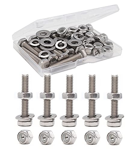 1/4-20 x 1 Hex Bolts Screws, with 1/4-20 Nylon Inserted Lock Nuts / 1/4 Washers / 1/4-20 Hex Nuts, 304 Stainless Steel /A2-70, Silver Tone, 50pcs