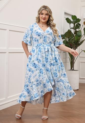 Image of Keluummi Plus Size Maxi Dress for Women V-Neck Floral Empire Waist 3 /4 Sleeve with Pockets