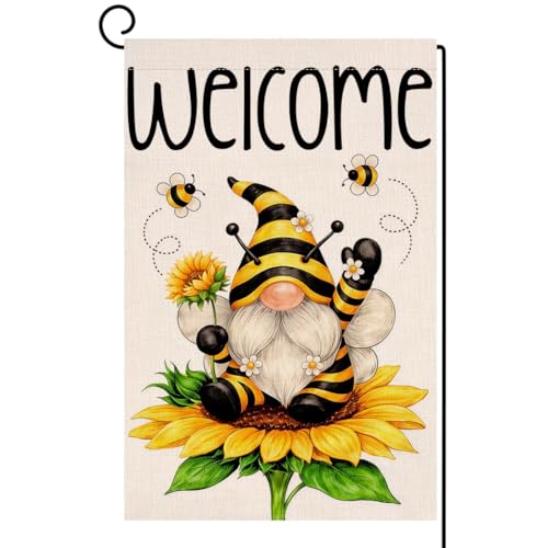 BLKWHT Summer Gnome Sunflower Garden Flag 12x18 Vertical Double Sided Welcome Spring Farmhouse Holiday Outside Decorations Burlap Yard Flag BW862