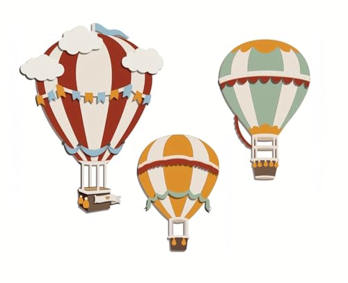 RSACCSKY 3 Pcs Hot Air Balloon Wall Decor with Cloud, Nursery Wall Decor, Boho Wooden Dreamy Themed Wall Sculptures for Living Room Bedroom Hallway Home (Multicolor)