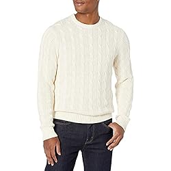 Goodthreads Men's Soft Cotton Cable Stitch Crewneck Sweater, Off-White, Small