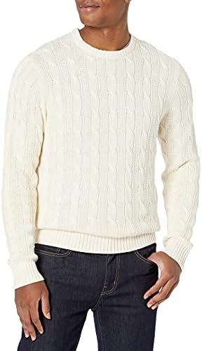 Goodthreads Men's Soft Cotton Cable Stitch Crewneck Sweater, Off-White, X-Small