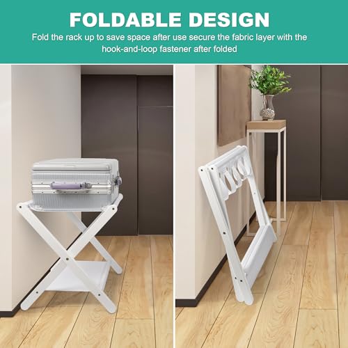 VASMIA Luggage Rack, Folding Suitcase Stand with Storage Shelf,Bamboo Luggage Stand for Guest Room,Bedroon and Hotel,Holds up to 131 lb,Fit Most Luggage Size,White by VASMIA - Used condition - Image 6