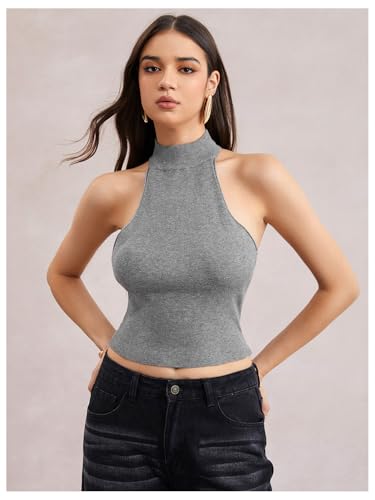 Image of MakeMeChic Women's Y2k Halter Mock Neck Top Going Out Sleeveless Backless Knit Top