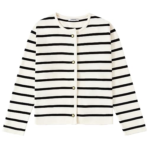LATAHUO Women's Striped Cardigan Sweater Trendy Long Sleeve Button Down Crewneck Knit Cardigans(Black+White, Small) by LATAHUO - Used condition - US$28.34
